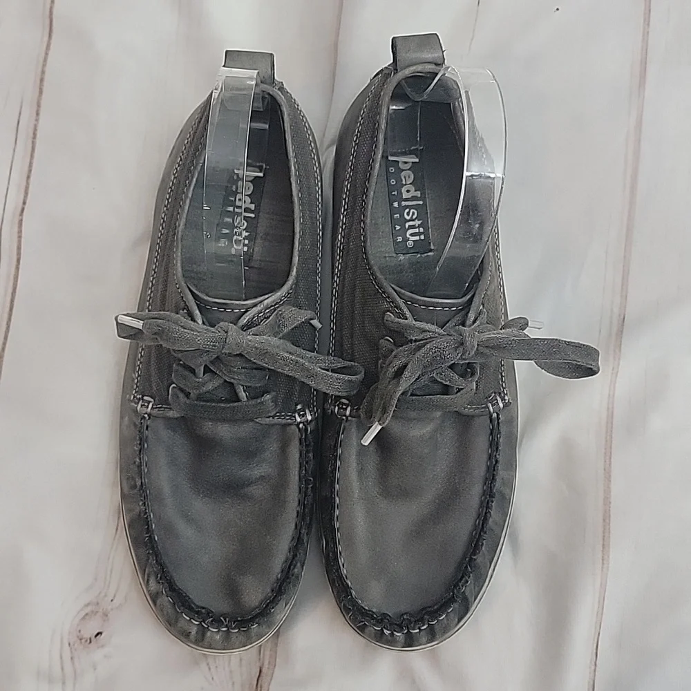 Bed Stu Mens Dark Grey Canvas Leather BedStu Boat Loafer Sneakers Size 8